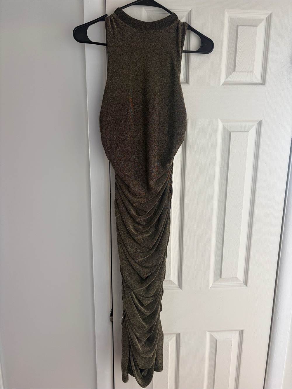 NWOT Sleeveless Metallic gold Ruched Maxi Dress